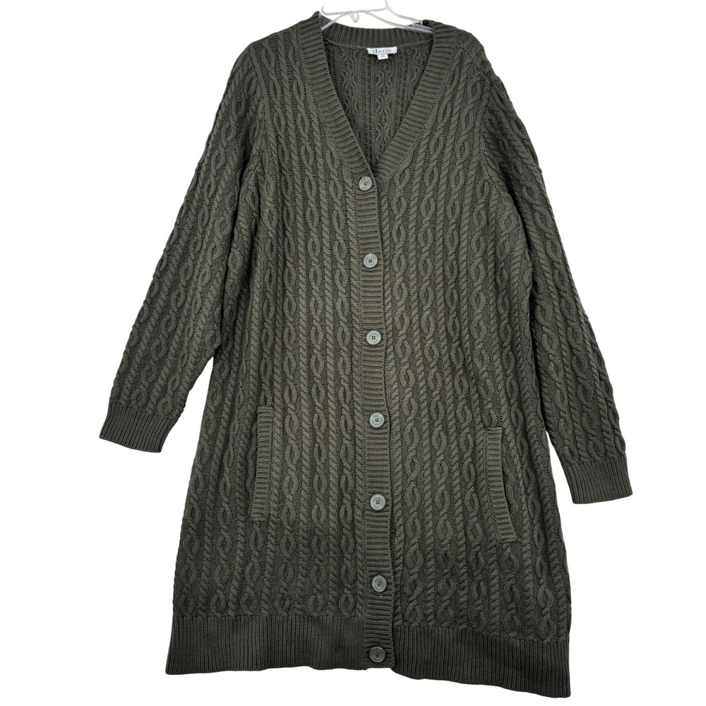 Denim & Co Cable Knit Cardigan Sweater Womens 2X Olive Green Longline Button Up